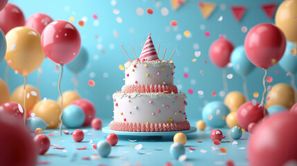 Poster - Background with front view of a happy birthday party elements, 3d rendering. Generative AI.