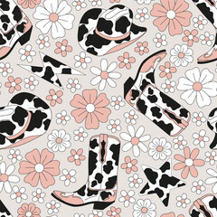 Sticker - Howdy wild west cowboy accessories cow spots ornated hat boot vector seamless pattern. Groovy floral farm animal aesthetic pastel colours background.