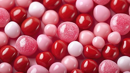 Poster - Illustration, Background full of red and pink candies with different sizes, Sharp focus. Generative AI.
