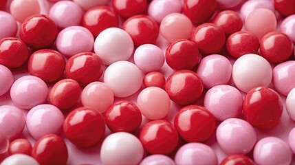 Poster - Illustration, Background full of red and pink candies with different sizes, Sharp focus. Generative AI.