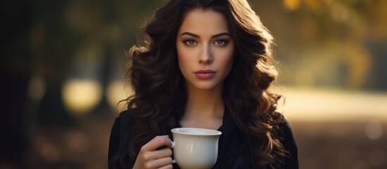 Poster - Fashionable Caucasian brunette woman posing outdoors with a cup of hot beverage, exuding elegance and charm.