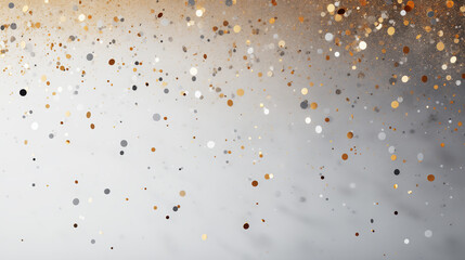 Colorful confetti and golden glitter on soft, neutral, gray background. Minimalist festive texture. Simple, modern holiday abstract. Confetti falling from cloudy sky. Copy space.