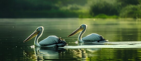 Wall Mural - Conserving biodiversity in the serene Danube Delta, where two peaceful pelicans float.