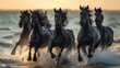 A group of black horses running through the sea and sand. Generative AI.