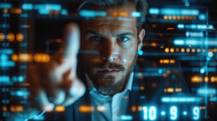 Poster - Corporate man examining data on futuristic hologram, Using a finger, Front view, With numbers written on the display. Generative AI.