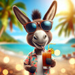 funny donkey wear sunglasses on vacation against bokeh the backdrop of a beach with palm trees. ai generative