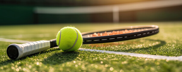 Tennis racket and ball on Wimbledon grass court