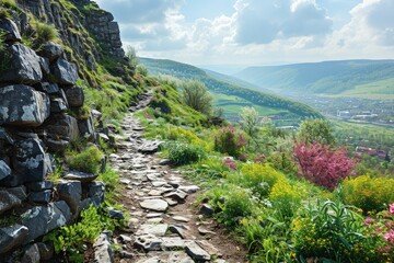 Wall Mural - Rolling green hills extending away into beautiful cloudy sunny blue sky