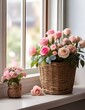 A basket with roses standing at the windowsill
