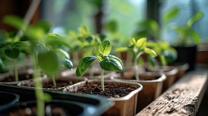 Plant seedlings in cups. Generative AI.