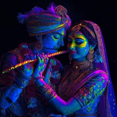 Wall Mural - couple of Indian lovers, Radha and Krishna, surrounded by fluorescent neon and bright colors