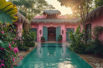 Poster - A luxury tropical pink villa with pool surrounded by  green trees 