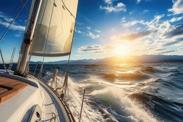 Poster - A sailboat sailing on the waves of the sea against the background of the shining sun.