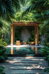 Poster - A luxury tropical pool surrounded by green plants