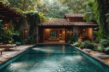 Poster - A tropical house with pool surrounded by  green palms 