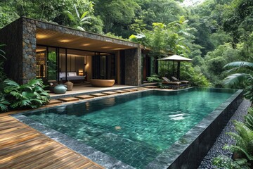 Poster - A tropical house with pool surrounded by  green forest