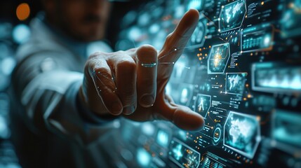 Poster - Close up businessman hand interacting with a virtual interface. Generative AI.