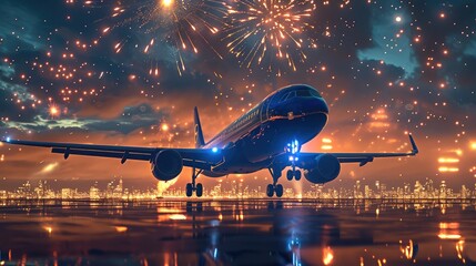 Poster - Happy new year 2024, Jets airplane, Glitter, Fireworks. Generative AI.