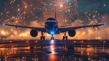Poster - Happy new year 2024, Jets airplane, Glitter, Fireworks. Generative AI.