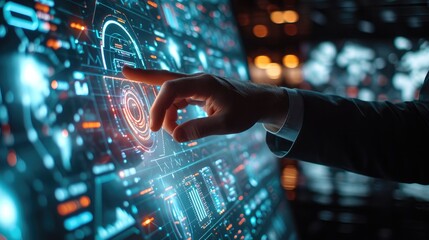 Leinwandbilder - Businessman hand interacting with a virtual interface. Generative AI.