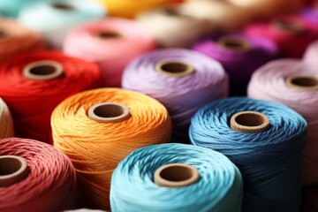 Poster - different color spools of thread for the textile industry. background. Sewing threads in different colors. Rows of colorful sewing thread. Large group of variation colourful sewing thread spool 