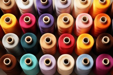 Poster - different color spools of thread for the textile industry. background. Sewing threads in different colors. Rows of colorful sewing thread. Large group of variation colourful sewing thread spool 