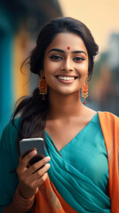 Modern Tradition: A Woman with Bindi in a Vibrant Sari Using a Smartphone. Information Technologies, IT in India