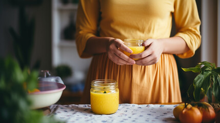 Wall Mural - A woman prepares a healthy juice at the kitchen table.