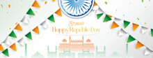 26 Th January Indian Republic Day Banner Template Design With Indian Flag And Silhouette Of Indian Monument.