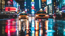 Banner, Busy Downtown Streets With Neon Signs, Glittering City Street At Night With Taxis And Vibrant Reflections On The Wet Road.., Time Lapse Of Traffic At Night, 