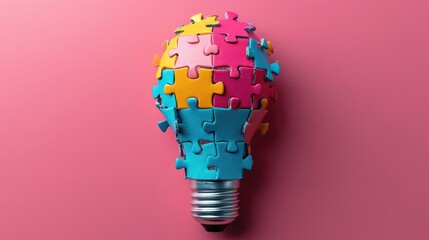 Aufkleber - Light bulb made of colorful puzzle pieces on pink background. Generative AI.