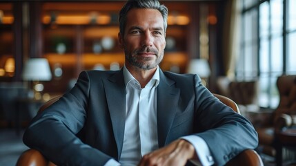 Poster - A businessman sits with an air of quiet confidence in a traditional office. Generative AI.