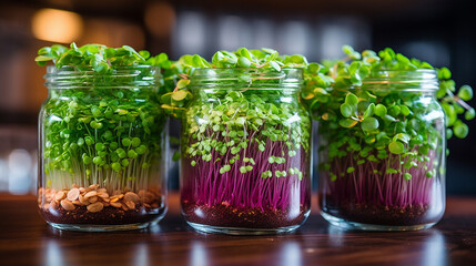 Poster - close-up of microgreens growing in glass jars.Generative AI