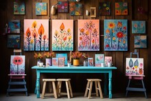 A Vibrant Art Studio With Various Flower Paintings Displayed On Wooden Walls And Easels