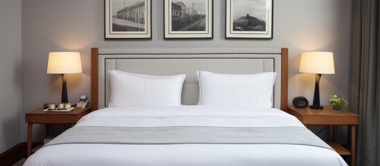 Canvas Print - Hotel room with white bedding and pillow, picture frame on wall.