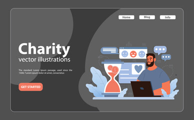 Wall Mural - Online charity and charitable foundation night mode or dark mode web banner or landing page. Web service to help people in need. Humanitarian aid, donations support. Flat vector illustration