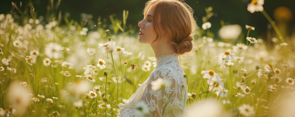 Young woman in a flower meadow in spring