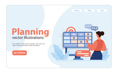 Poster - Planning concept. Woman setting tasks on calendar, organizing schedule towards goal. Time management. Strategic preparation. Achieving objectives. Flat vector illustration
