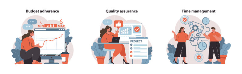 Poster - Project Management essentials. Mastering budget control, quality oversight, and efficient time allocation. Core skills for leadership visualized. Flat vector illustration.