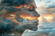 Silhouette of a woman's head with a cloudy landscape, symbolizing frustration, mood swings, human and natural turmoil.
