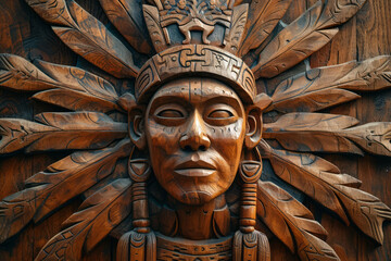 Wall Mural - Face in headdress carved from wood, Aztec inspired wall carving of ancient design, surface material texture