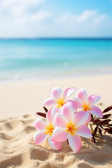 Wall Mural - plumeria on a sandy beach, summer concept. sea, ocean.Generative AI