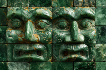 Wall Mural - Two patina faces of jade, Aztec inspired wall carving of ancient design, surface material texture