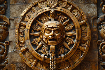 Wall Mural - Golden sun stone like dial, Aztec inspired wall carving of ancient design, surface material texture