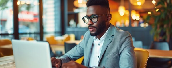 Wall Mural - Trendy style businessman working at a laptop