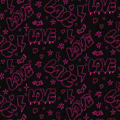 Poster - Vintage pattern with doodle word LOVE in 90s style on black background. Outline sketchy words and elements colored in neon pink color. Perfect for Valentines decoration, background