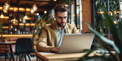 Wall Mural - Trendy style businessman working at a laptop