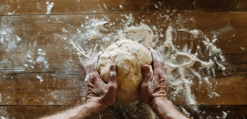 Wall Mural - a person kneads a ball of dough on a wooden surface,