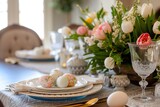 Fototapeta Tulipany - Elegant Easter Table Setting with Fresh Florals and Seasonal Centerpiece