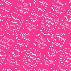 Poster - Seamless pattern with handwriting Valentines greetings. Vector outline doodle items and word related to St Valentines day. White elements on pink background. Perfect for decoration, background